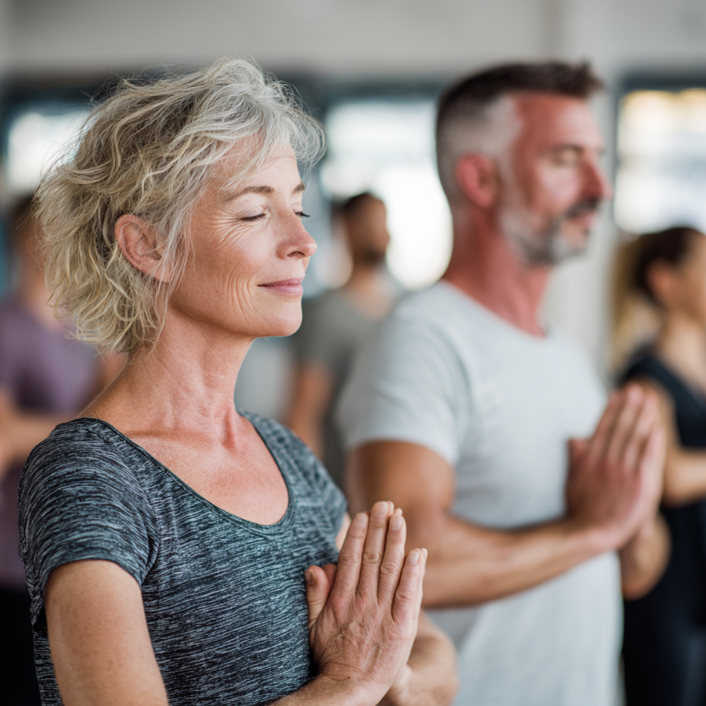 Middle-aged adults engaging in mindful movement exercises in a calm, supportive fitness environment