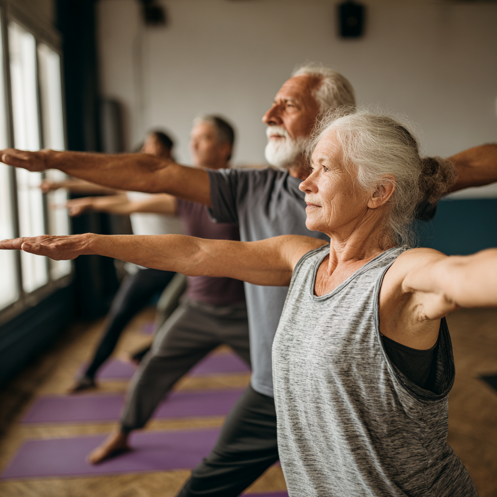 Older adults practicing stability and flexibility exercises in a supportive training space